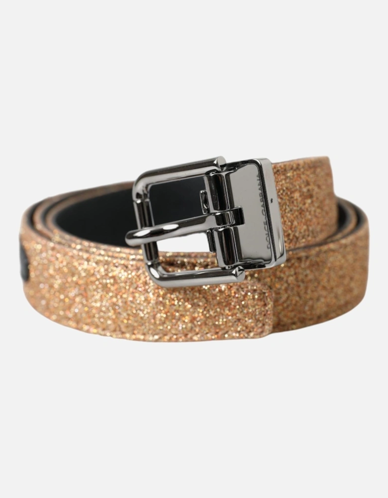 Authentic Glittering Leather Belt with Metal Logo Buckle Women - Gold
