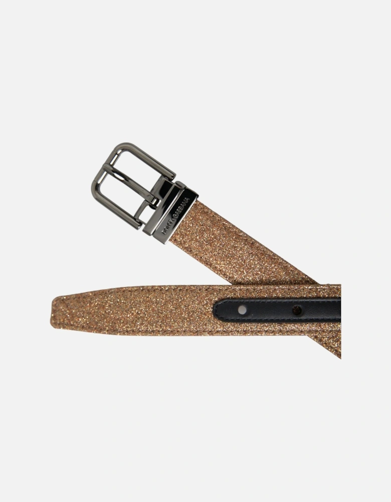 Authentic Glittering Leather Belt with Metal Logo Buckle Women - Gold
