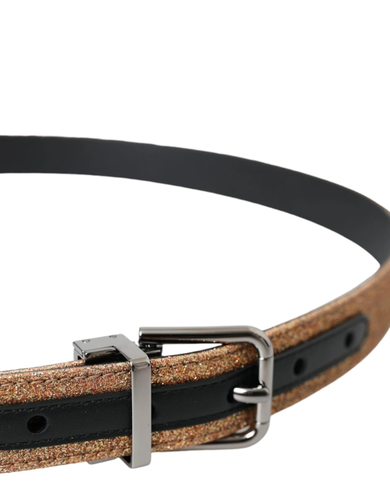 Authentic Glittering Leather Belt with Metal Logo Buckle Women - Gold