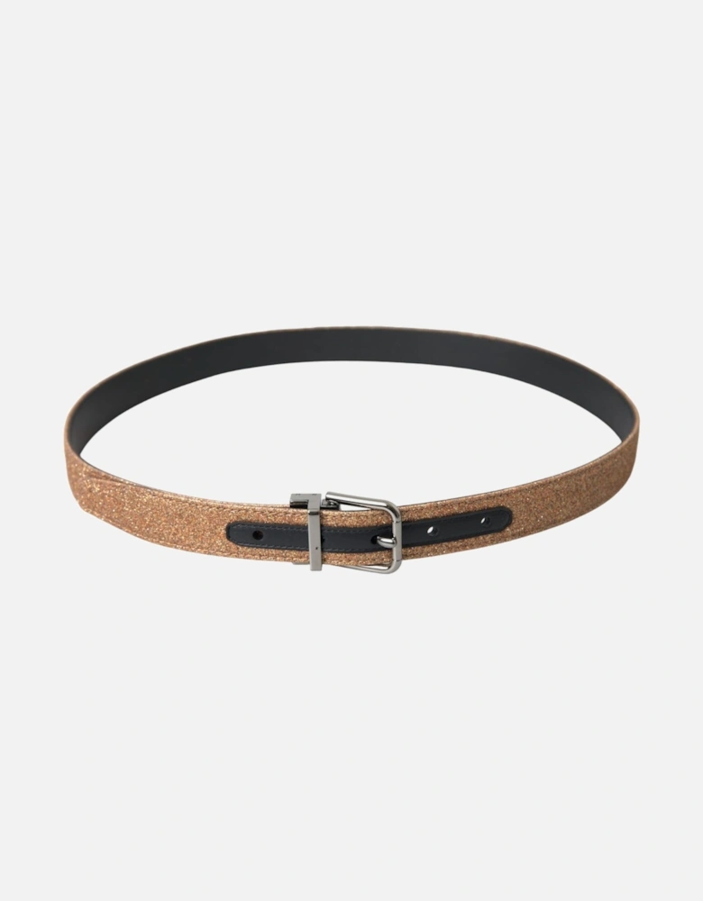 Authentic Glittering Leather Belt with Metal Logo Buckle Women - Gold