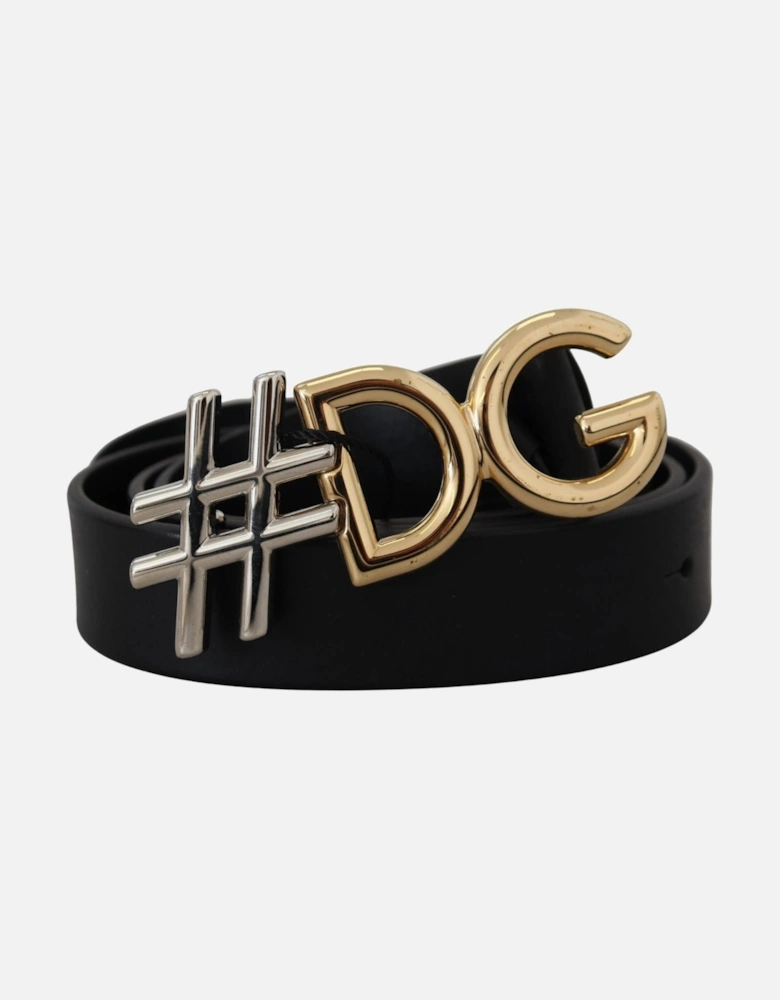 Leather Belt with Engraved Logo Buckle Women - Black
