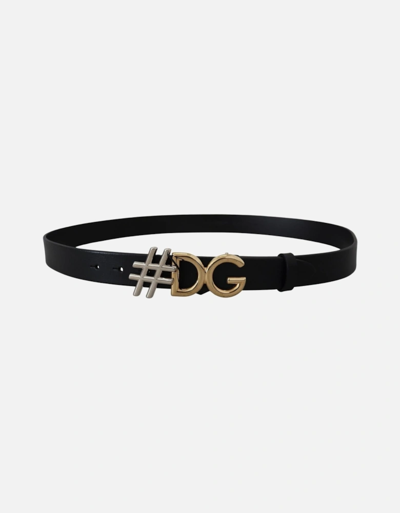 Leather Belt with Engraved Logo Buckle Women - Black