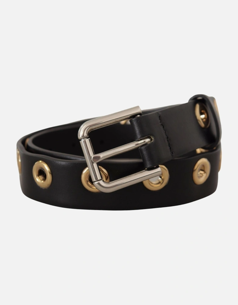 Leather Belt with Gold Eyelets Women - Black