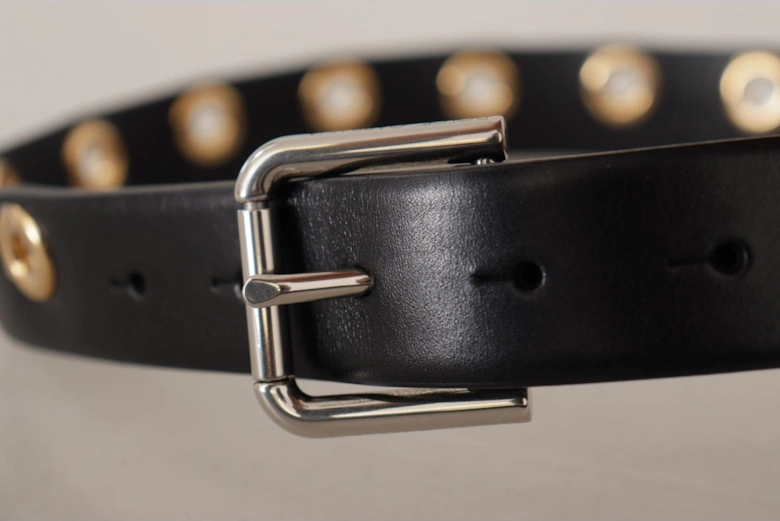 Leather Belt with Gold Eyelets Women - Black