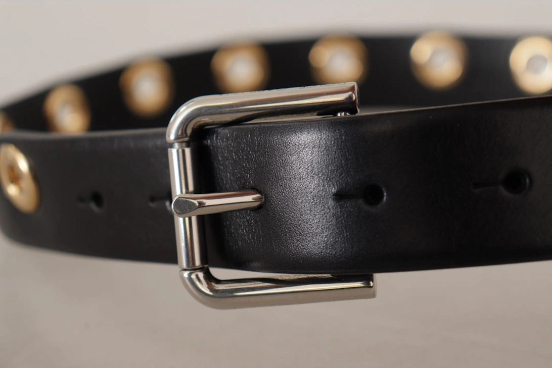 Leather Belt with Gold Eyelets Women - Black