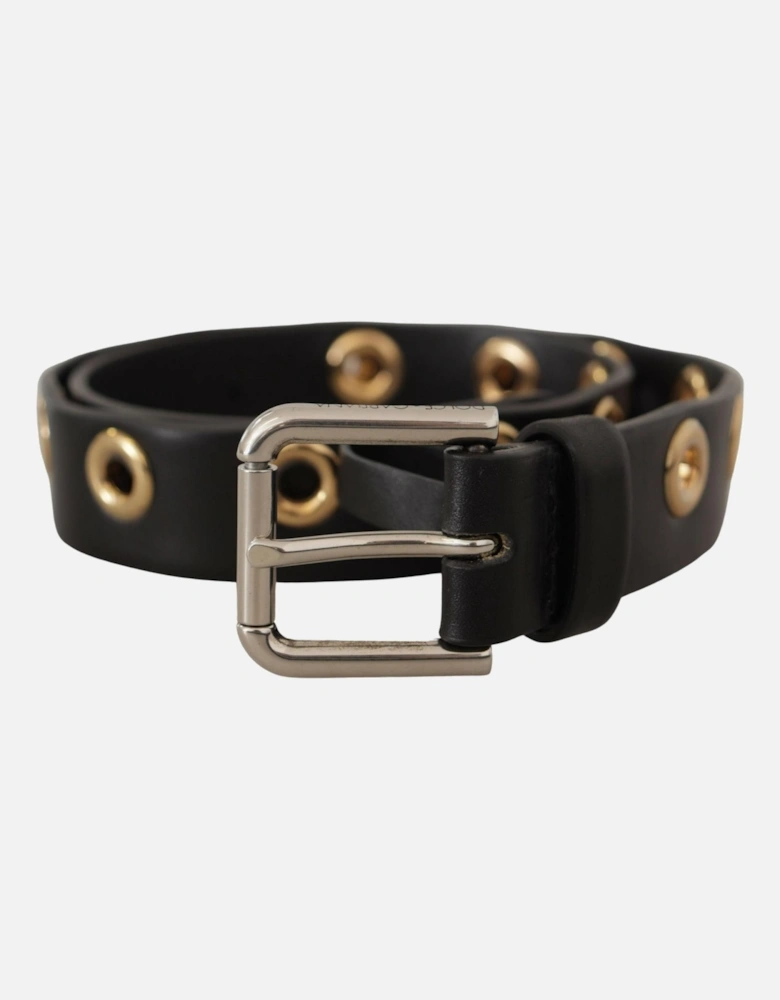 Leather Belt with Gold Eyelets Women - Black