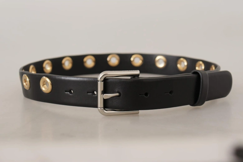 Leather Belt with Gold Eyelets Women - Black