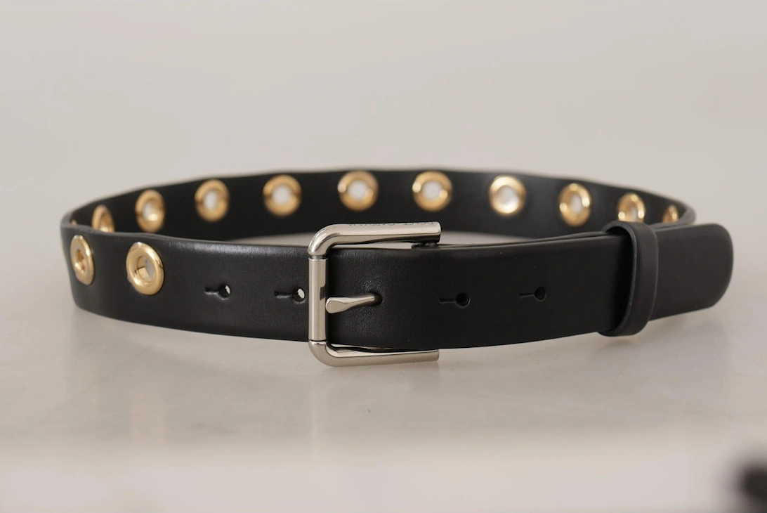 Leather Belt with Gold Eyelets Women - Black