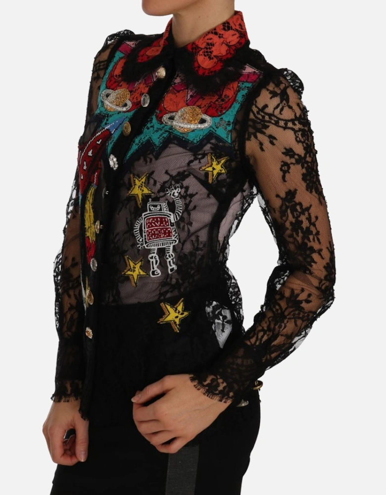 Lace Blouse Long Sleeve Embellished Women - Black T-Shirts