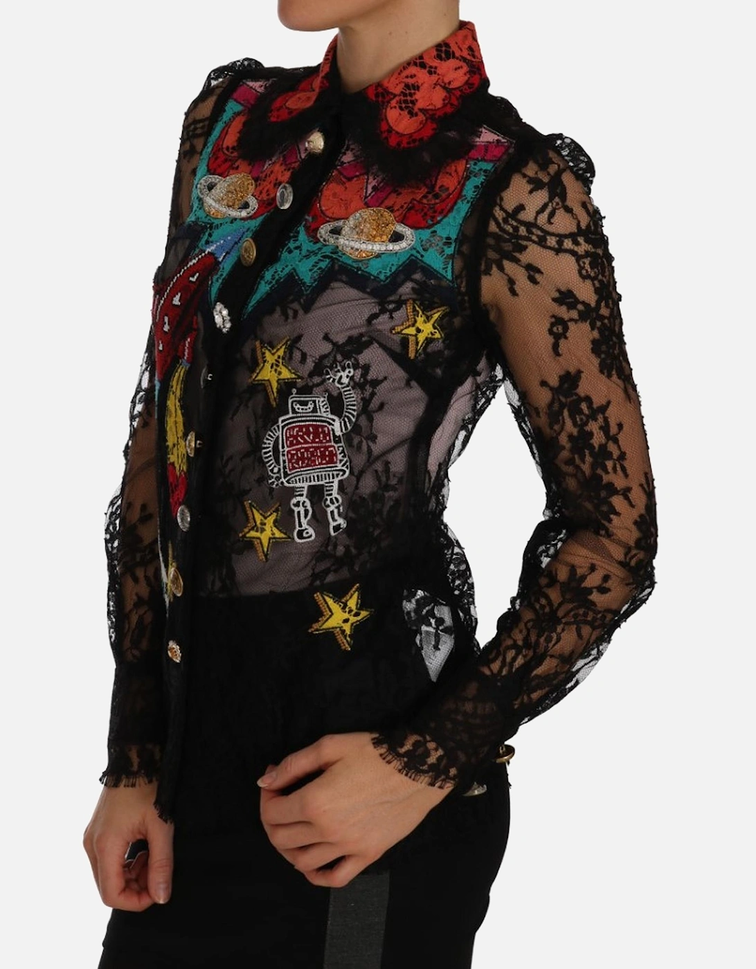 Lace Blouse Long Sleeve Embellished Women - Black T-Shirts