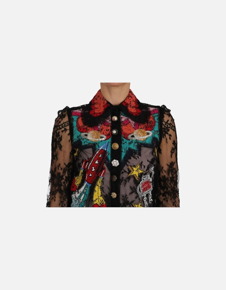 Lace Blouse Long Sleeve Embellished Women - Black T-Shirts