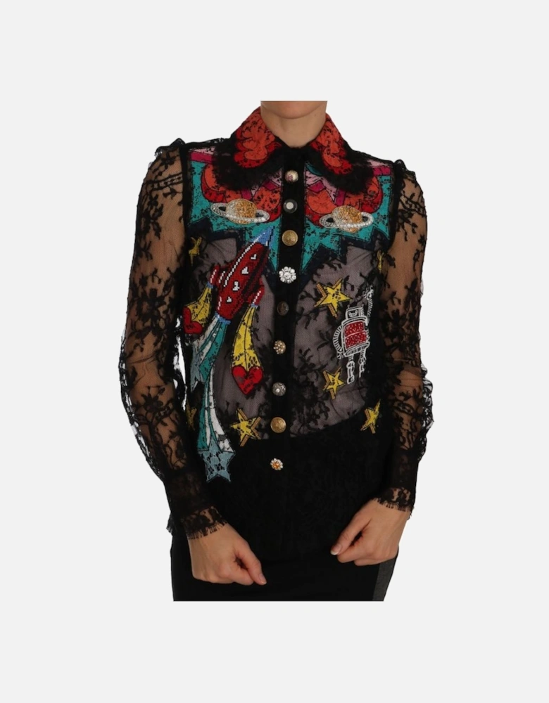 Lace Blouse Long Sleeve Embellished Women - Black T-Shirts