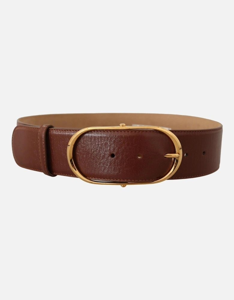 Leather Belt with Gold Oval Buckle by Women - Brown