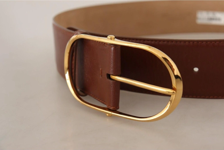 Leather Belt with Gold Oval Buckle by Women - Brown