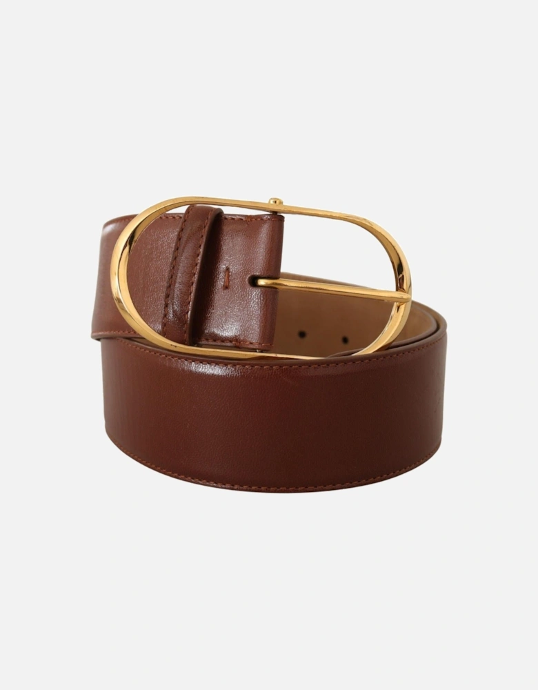 Leather Belt with Gold Oval Buckle by Women - Brown