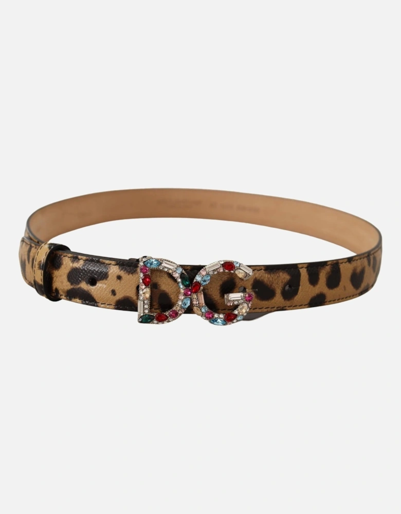 Leopard Print Crystal Logo Belt Women - Brown