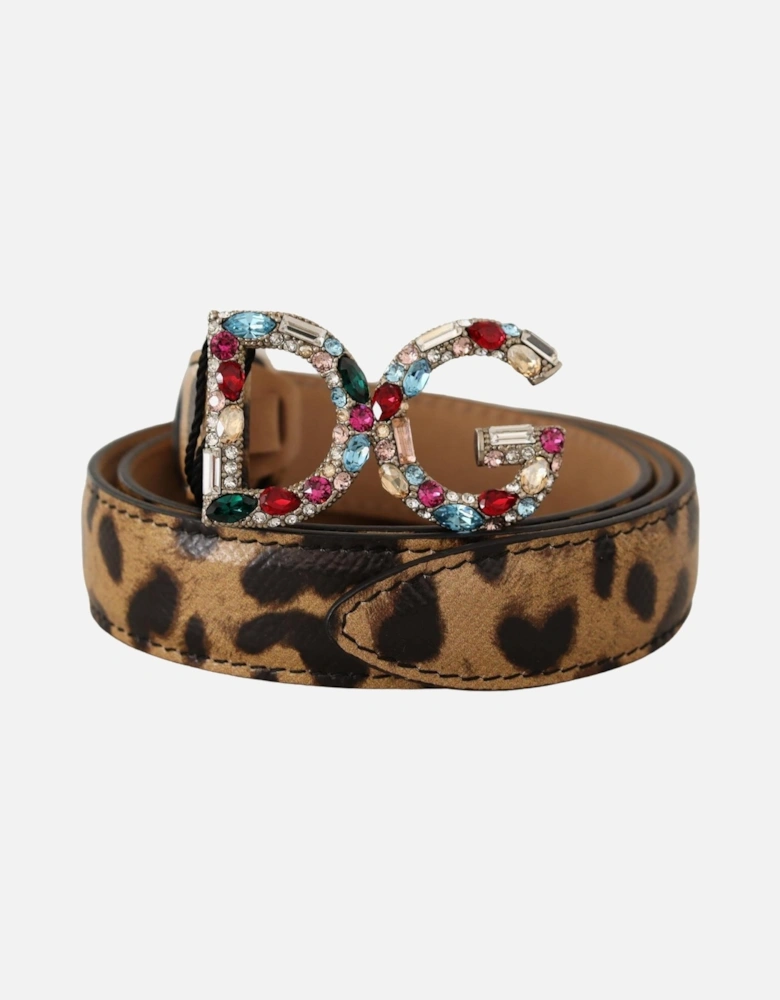 Leopard Print Crystal Logo Belt Women - Brown