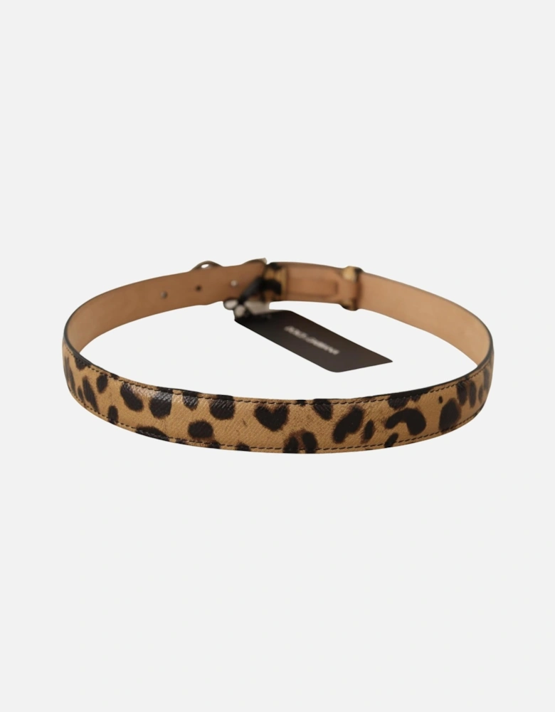 Leopard Print Crystal Logo Belt Women - Brown