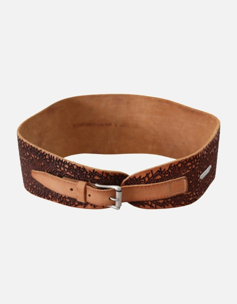 Embossed Leather Wide Belt Women - Brown