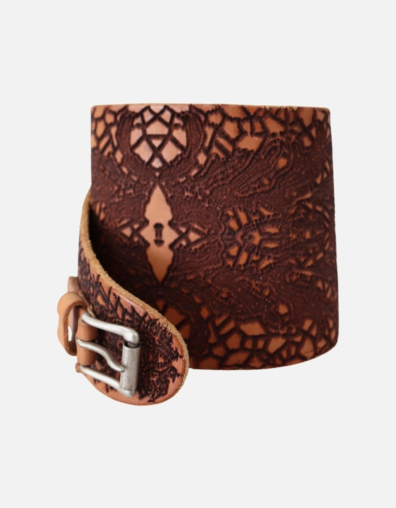Embossed Leather Wide Belt Women - Brown
