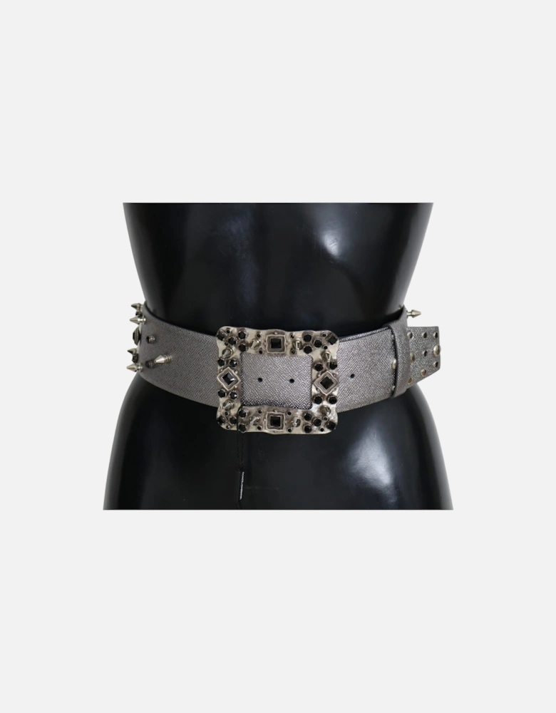 Crystal Studded Leather Belt with Gray Metal Buckle Women - Silver