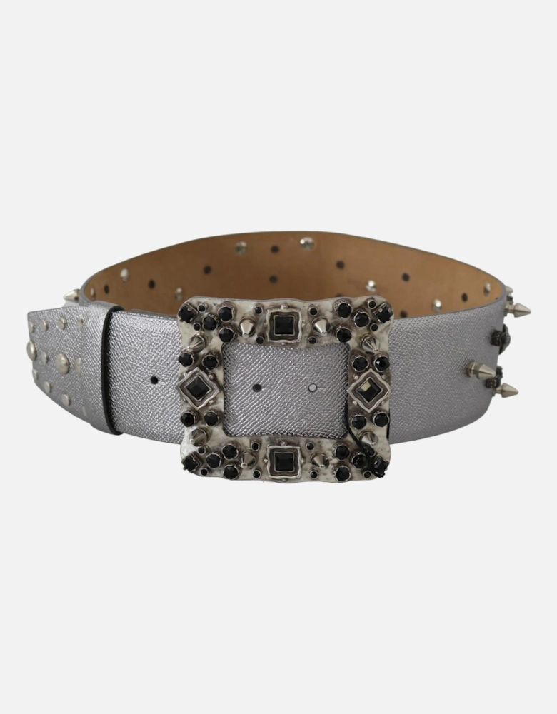 Crystal Studded Leather Belt with Gray Metal Buckle Women - Silver
