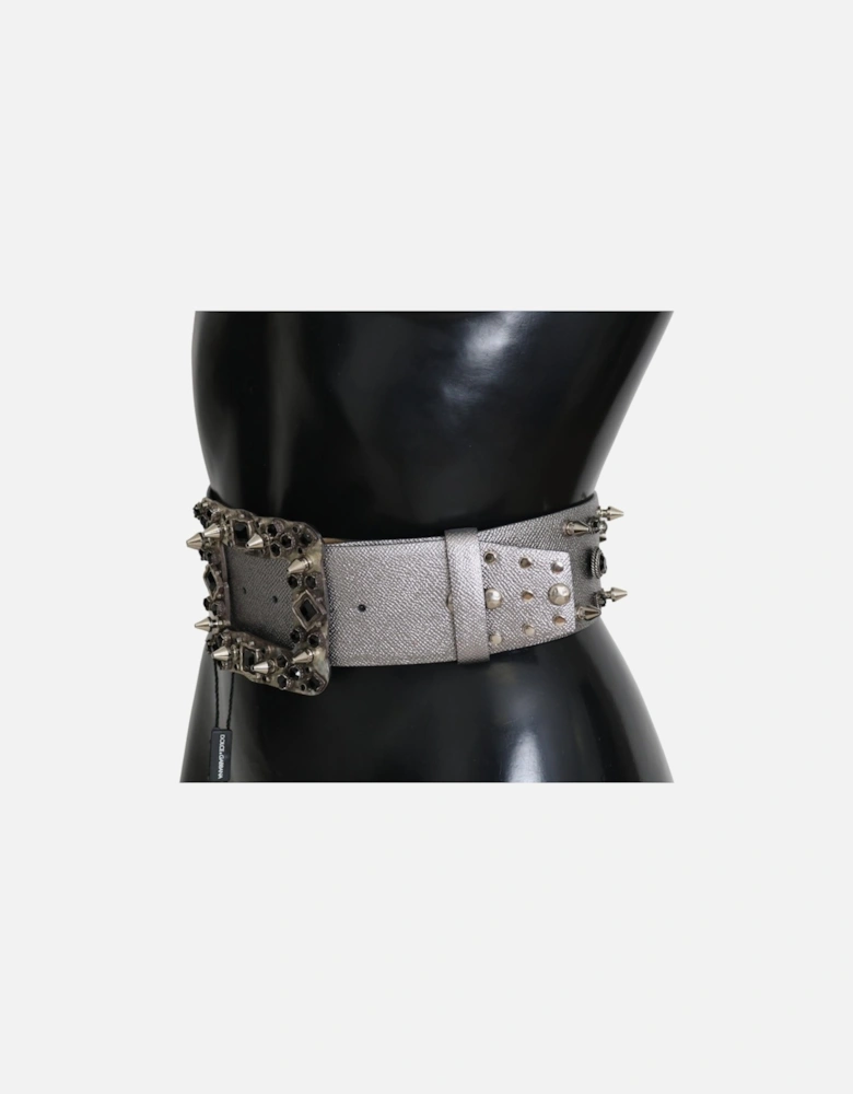 Crystal Studded Leather Belt with Gray Metal Buckle Women - Silver