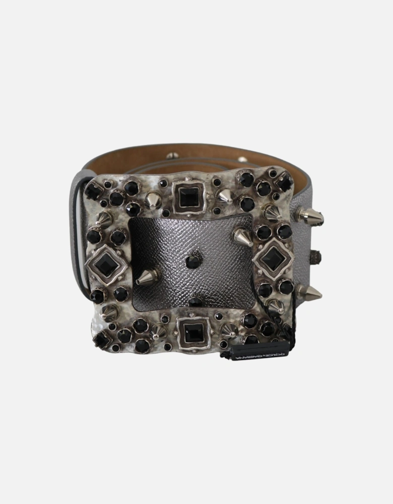 Crystal Studded Leather Belt with Gray Metal Buckle Women - Silver