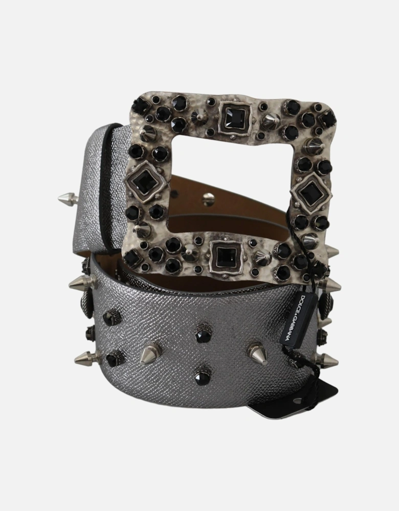 Crystal Studded Leather Belt with Gray Metal Buckle Women - Silver