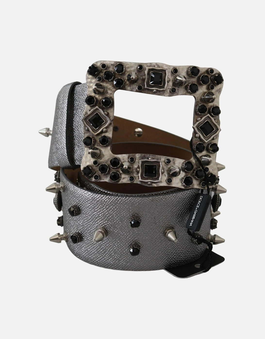 Crystal Studded Leather Belt with Gray Metal Buckle Women - Silver