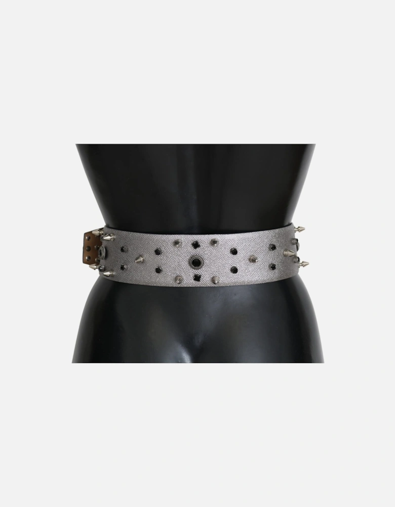 Crystal Studded Leather Belt with Gray Metal Buckle Women - Silver