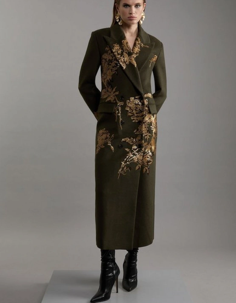 Wool Blend Sequin Embellished Placed Double Breasted Tailored Midiaxi Coat