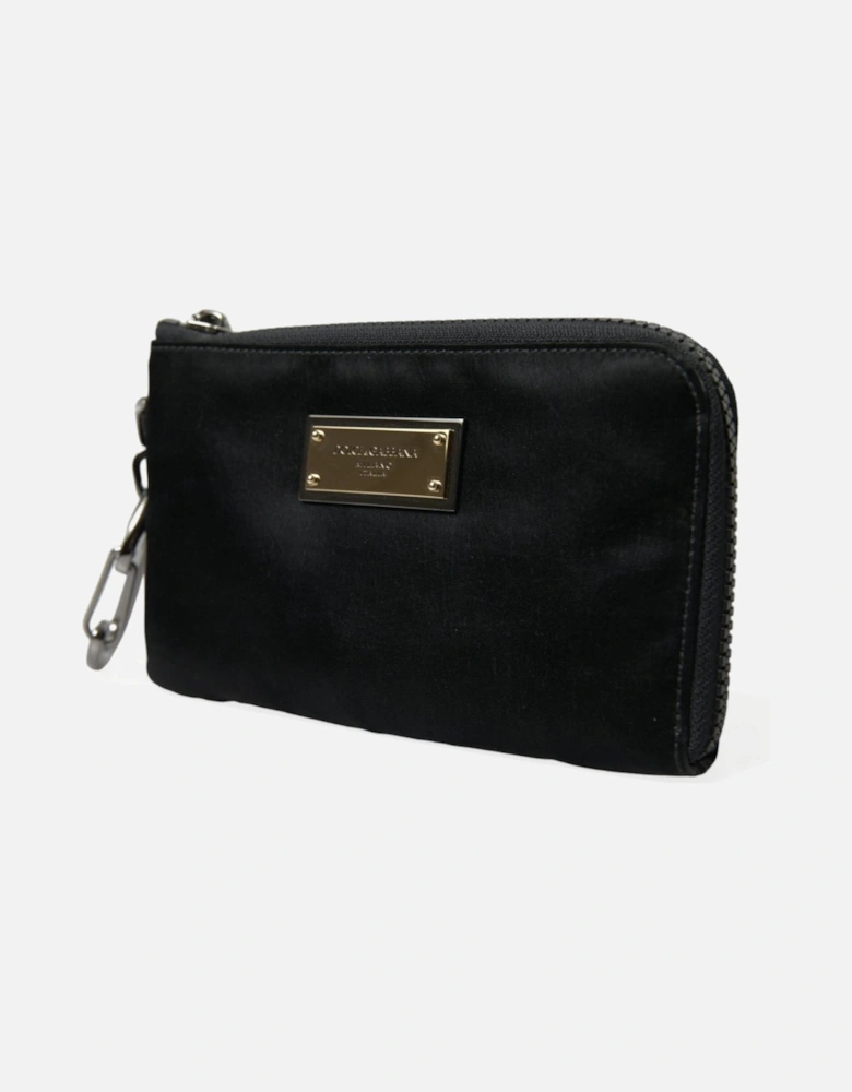 Black Nylon and Leather Pouch with Silver Plaque Detailing Women