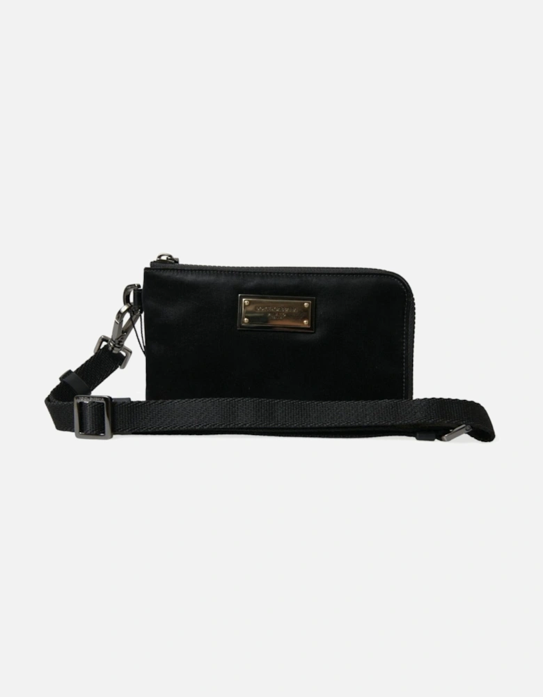 Grained Nylon Pouch with Metal Plaque Detailing Women - Black Clutch