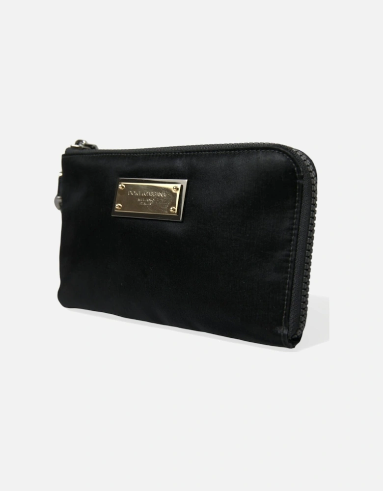 Grained Nylon Pouch with Metal Plaque Detailing Women - Black Clutch