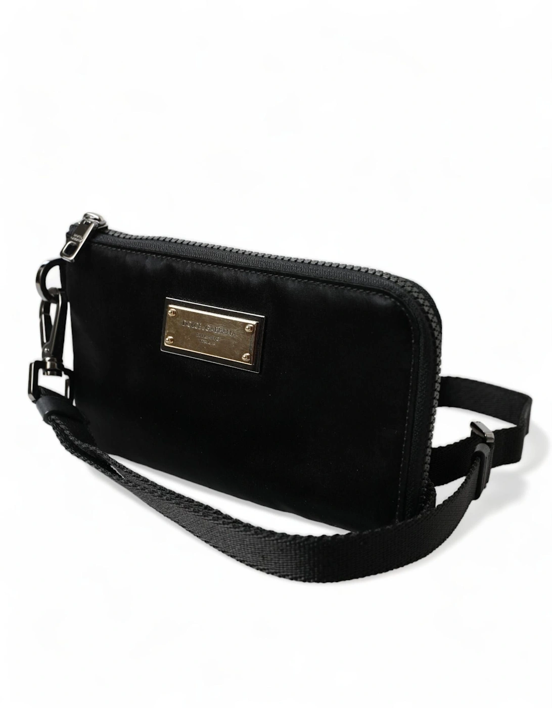 Stylish Grained Nylon Pouch with Alvanic Plaque Detail Women - Black