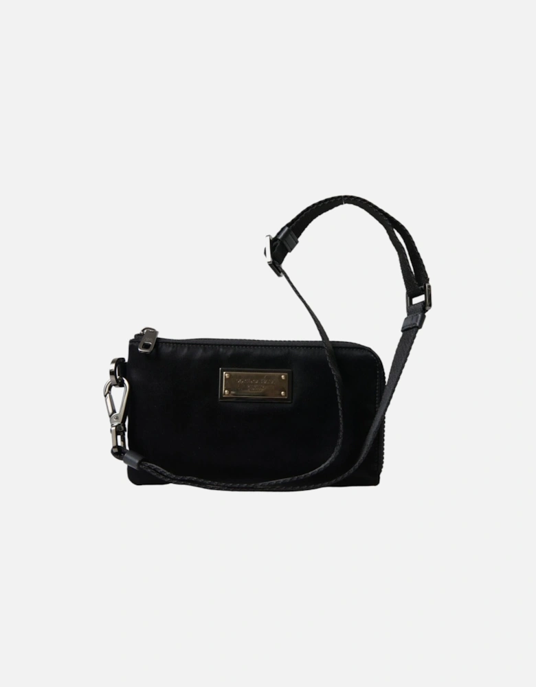 Stylish Grained Nylon Pouch with Alvanic Plaque Detail Women - Black