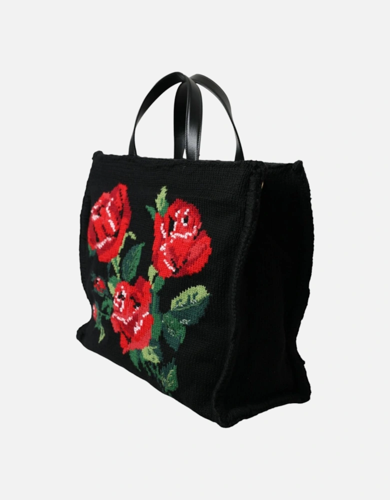 Floral Embroidered Tote Bag with Gold Metal Detailing Women - Black