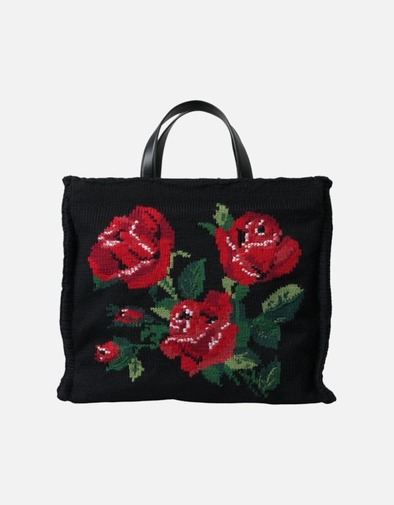 Floral Embroidered Tote Bag with Gold Metal Detailing Women - Black