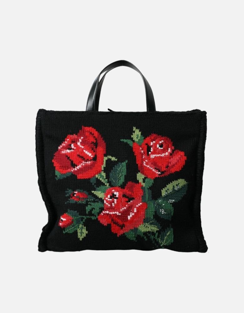 Floral Embroidered Tote Bag with Gold Metal Detailing Women - Black