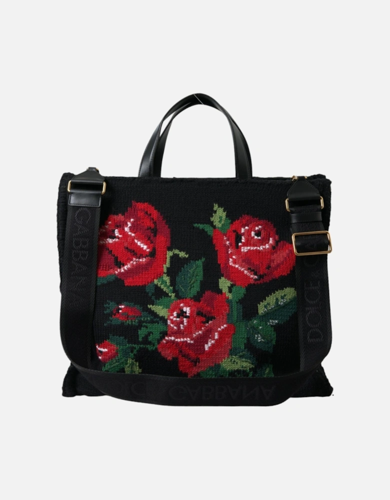 Floral Embroidered Tote Bag with Gold Metal Detailing Women - Black