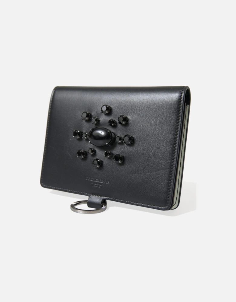 Crystal Embellished Black Leather Cardholder with Detachable Strap