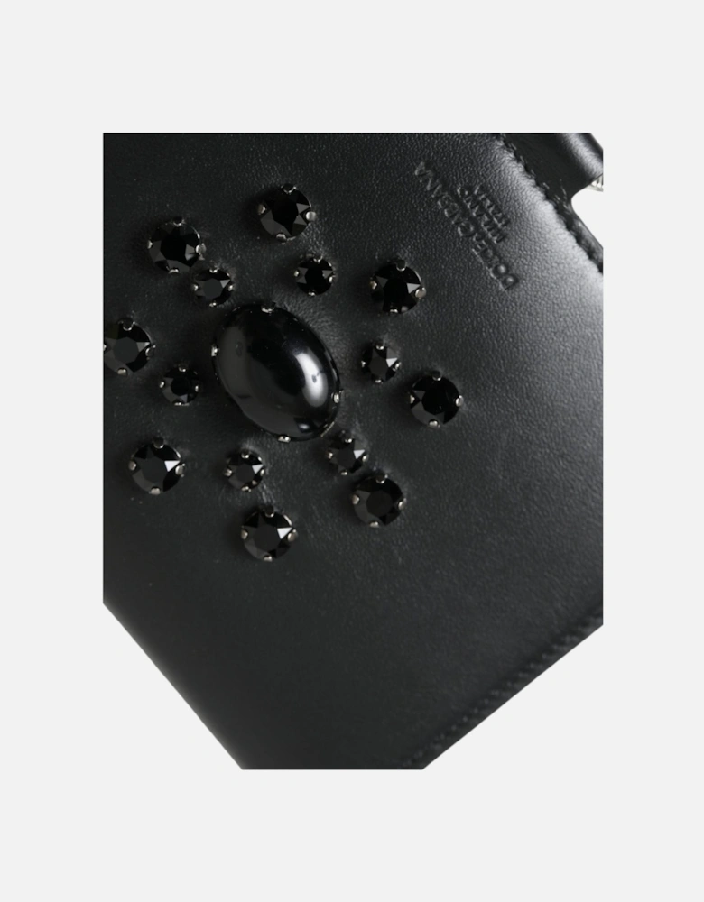 Crystal Embellished Black Leather Cardholder with Detachable Strap