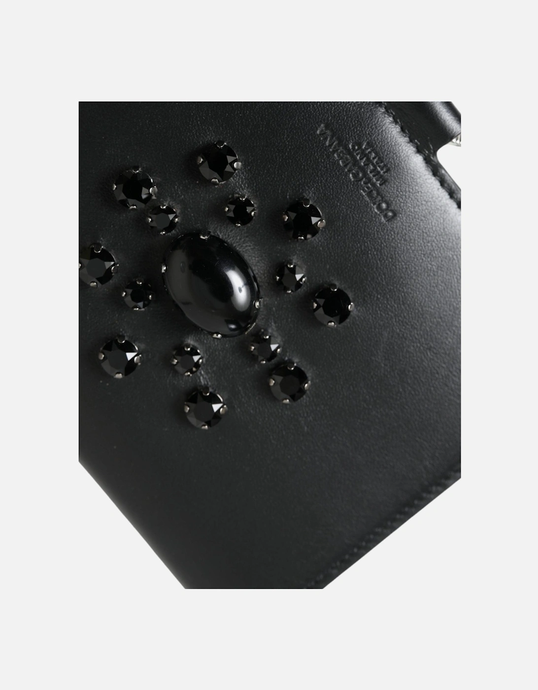 Crystal Embellished Black Leather Cardholder with Detachable Strap