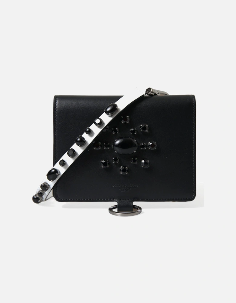 Crystal Embellished Black Leather Cardholder with Detachable Strap