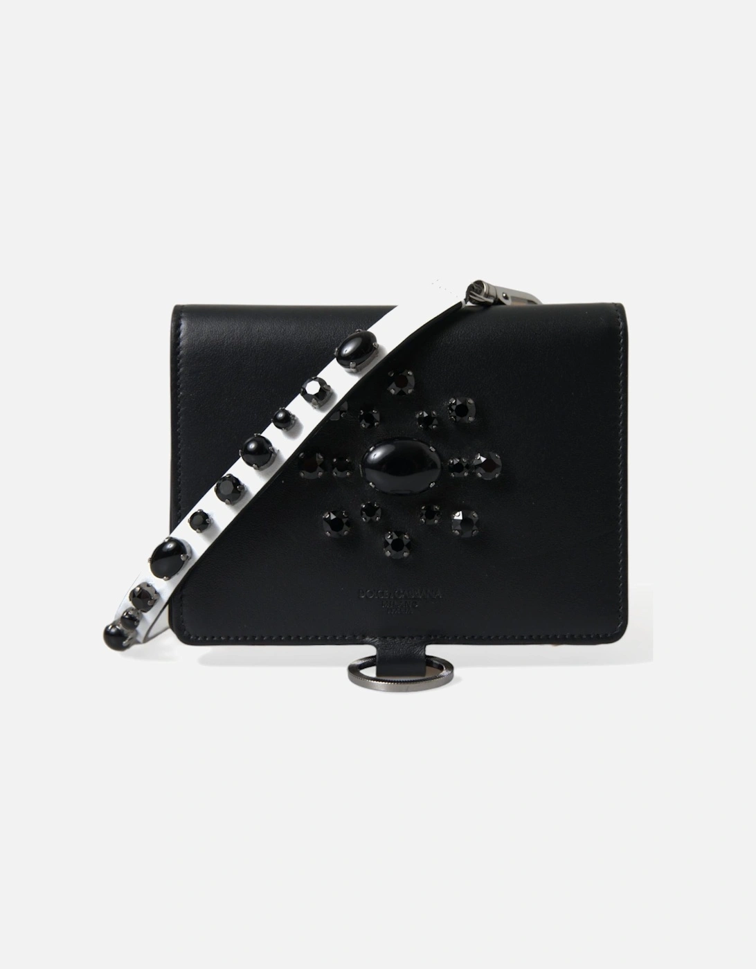 Crystal Embellished Black Leather Cardholder with Detachable Strap