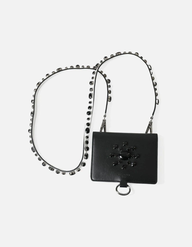 Crystal Embellished Black Leather Cardholder with Detachable Strap