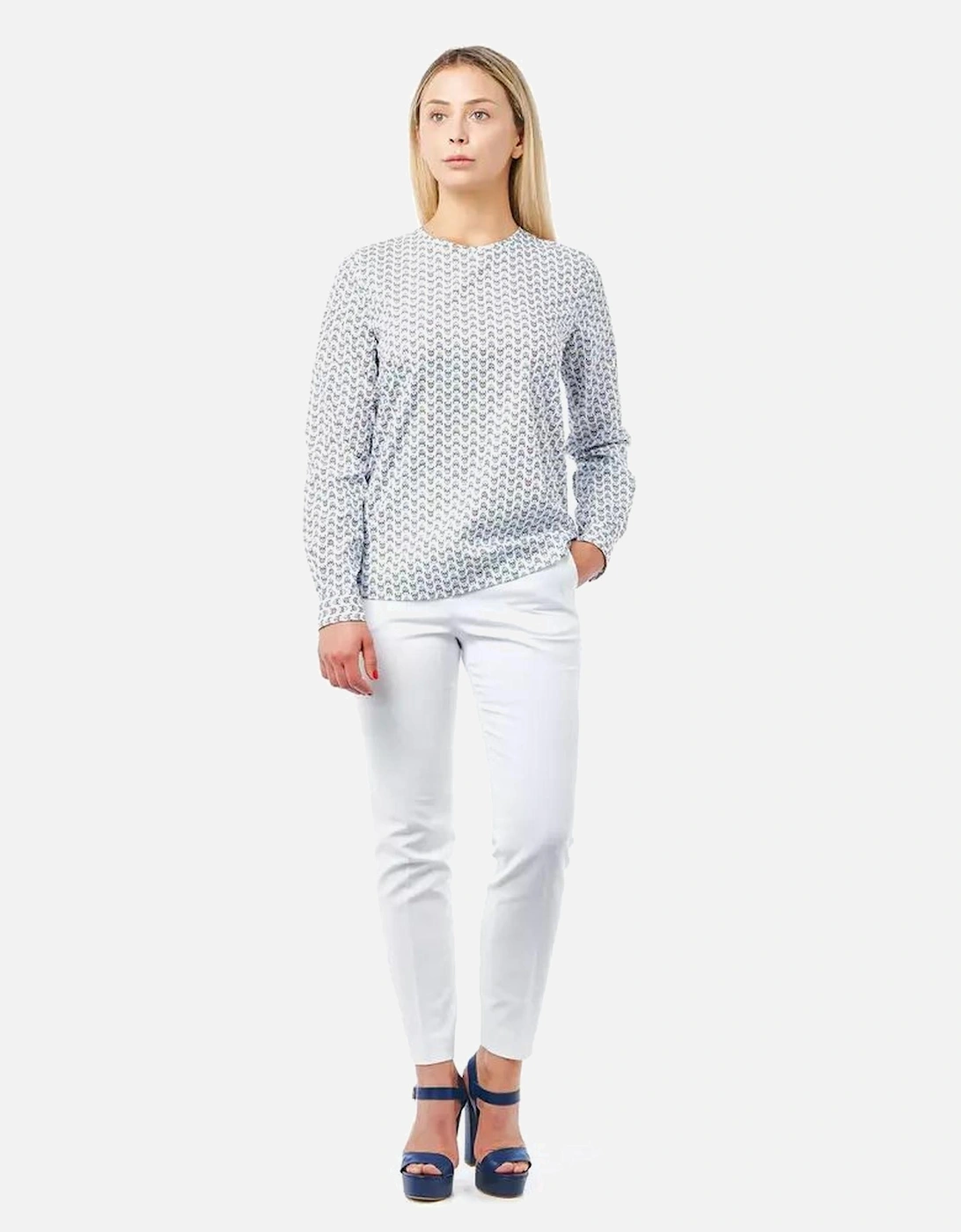 Printed Cotton Shirt Long Sleeve Blouse Women - White