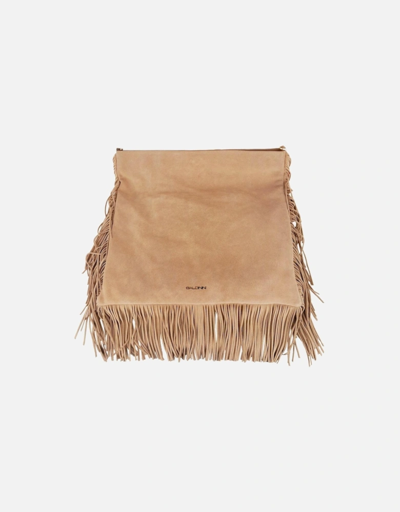 Flat Suede Calfskin Shoulder Bag with Fringes Women - Beige Crossbody