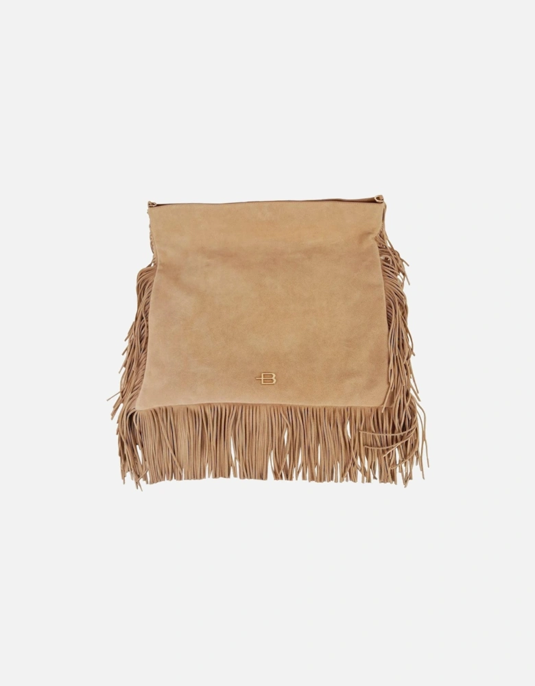 Flat Suede Calfskin Shoulder Bag with Fringes Women - Beige Crossbody